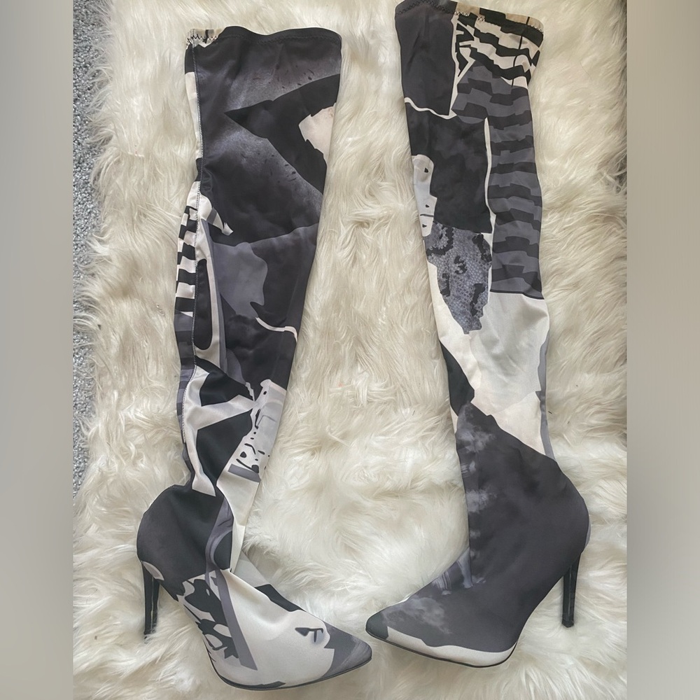 Stylish Black and White Over-the-Knee Boots - Picture 4 of 7